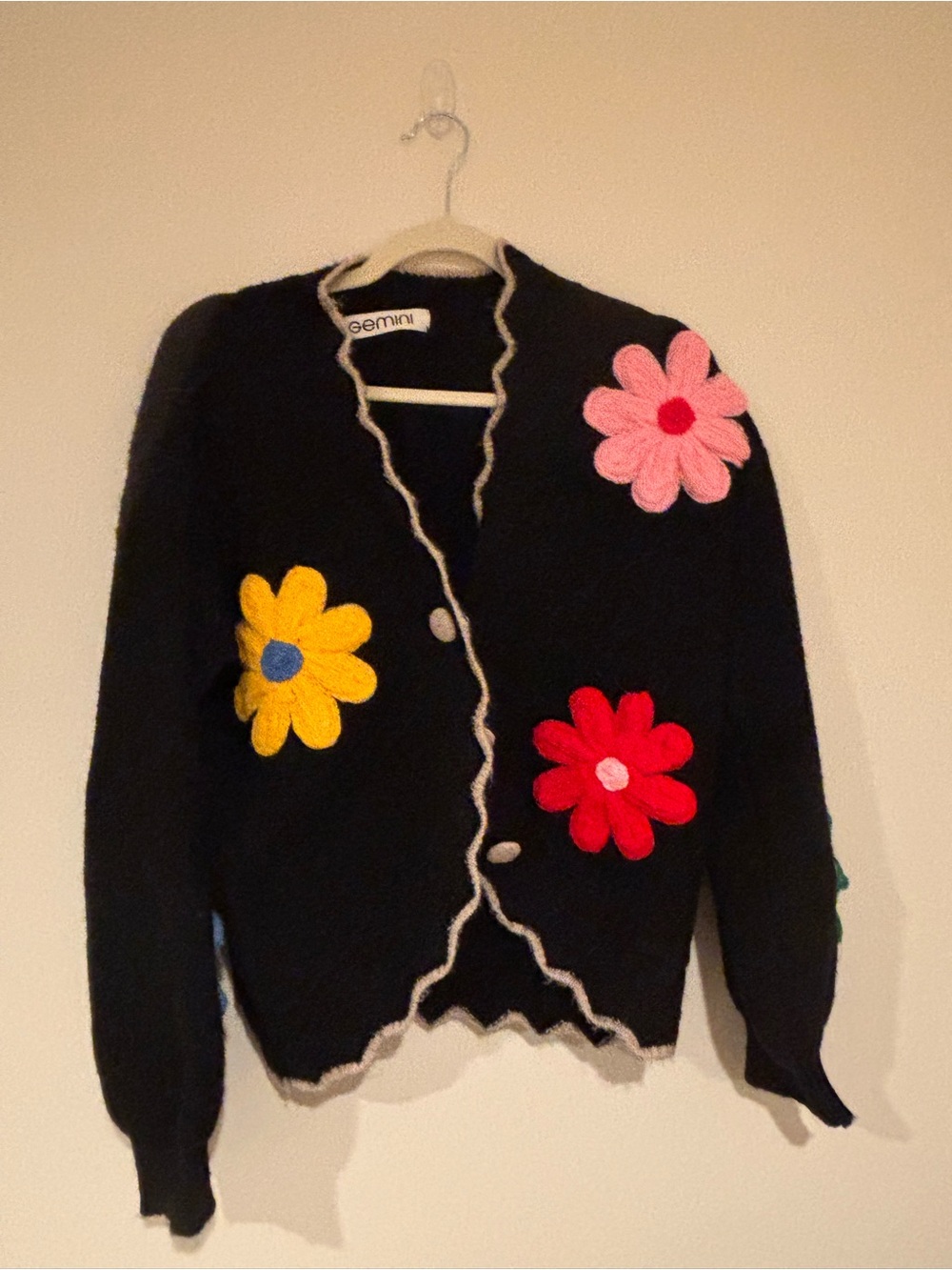 Black Cardigan with Pink, Yellow & Red Flower Appliqués